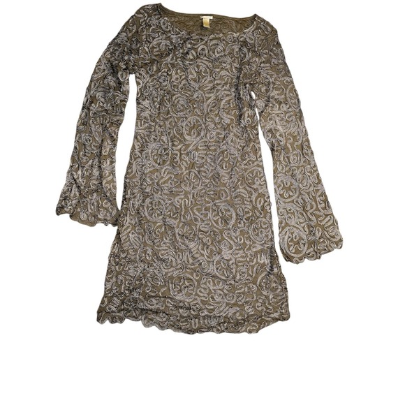 Sundance Pure Elegance Applique Shift Dress Gray Tan M Midi Boho Romantic - Picture 2 of 5